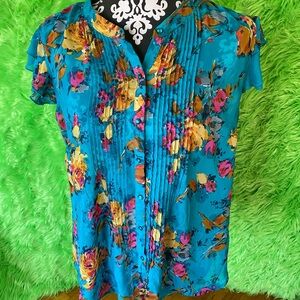Covington Floral Blouse - Teal and Yellow